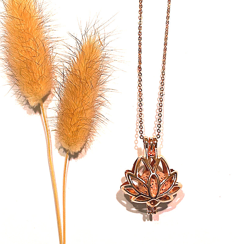 ROSE GOLD LOTUS FLOWER & LAVA STONE NECKLACE -Find Balance and Harmony - Feather & Seed