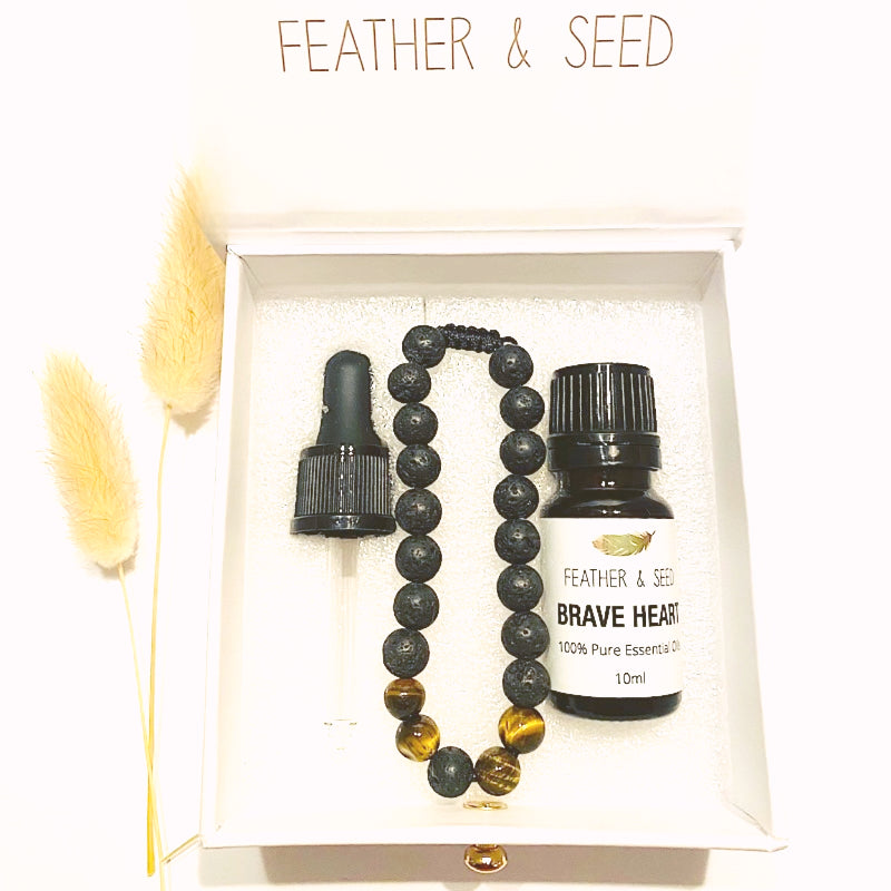TIGER EYE & LAVA STONE BRACELET WITH ESSENTIAL OIL - Reduce Anxiety and Overwhelm - Feather & Seed