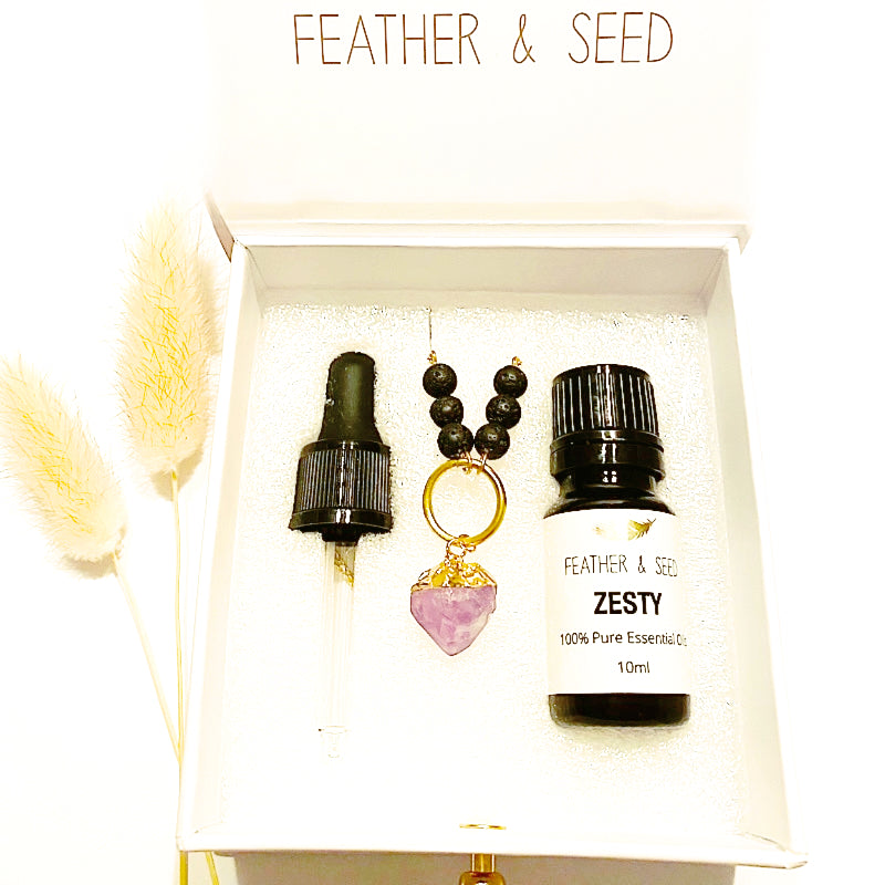 AMETHYST GOLD CRYSTAL NECKLACE WITH LAVA STONE AND ESSENTIAL OIL - Relaxation, balance and Inner Peace - Feather & Seed