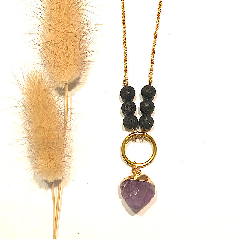 AMETHYST GOLD CRYSTAL NECKLACE WITH LAVA STONE AND ESSENTIAL OIL - Relaxation, balance and Inner Peace - Feather & Seed