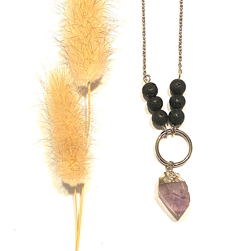 AMETHYST SILVER CRYSTAL NECKLACE WITH LAVA STONE AND ESSENTIAL OIL - Relaxation, balance and Inner Peace - Feather & Seed