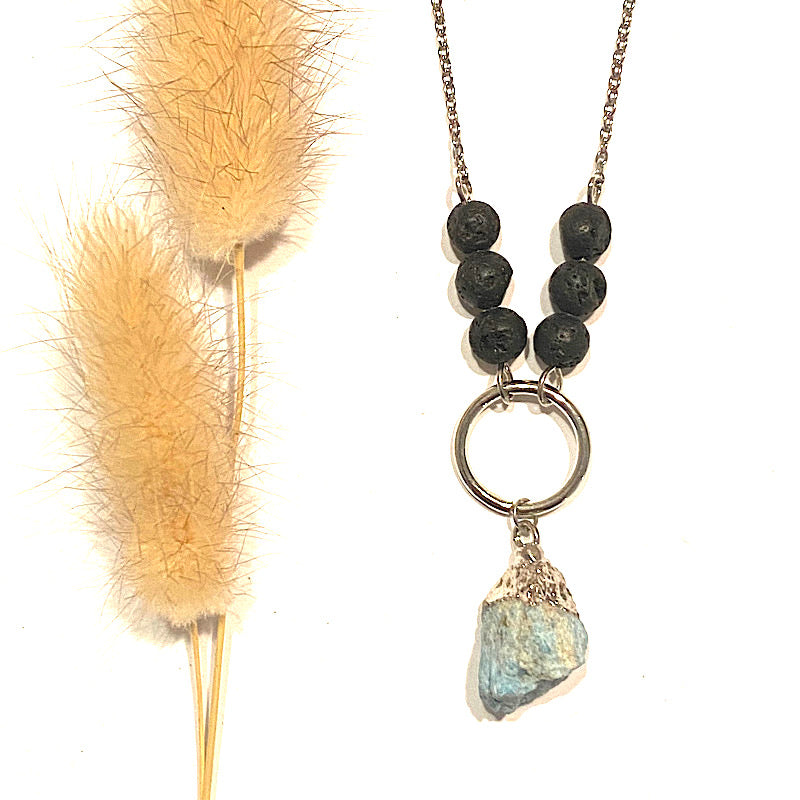 AQUAMARINE & LAVA STONE SILVER NECKLACE for tranquility and calm - Feather & Seed
