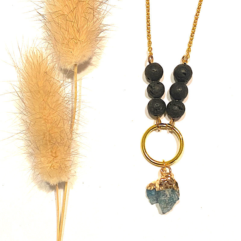 AQUAMARINE GOLD CRYSTAL NECKLACE WITH LAVA STONE AND ESSENTIAL OIL - Soothing Energy & Emotional Balance - Feather & Seed