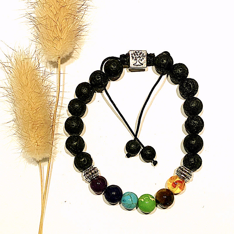 BALANCE BEADS & LAVA BRACELET WITH ESSENTIAL OIL- Balance Your Chakras - Feather & Seed