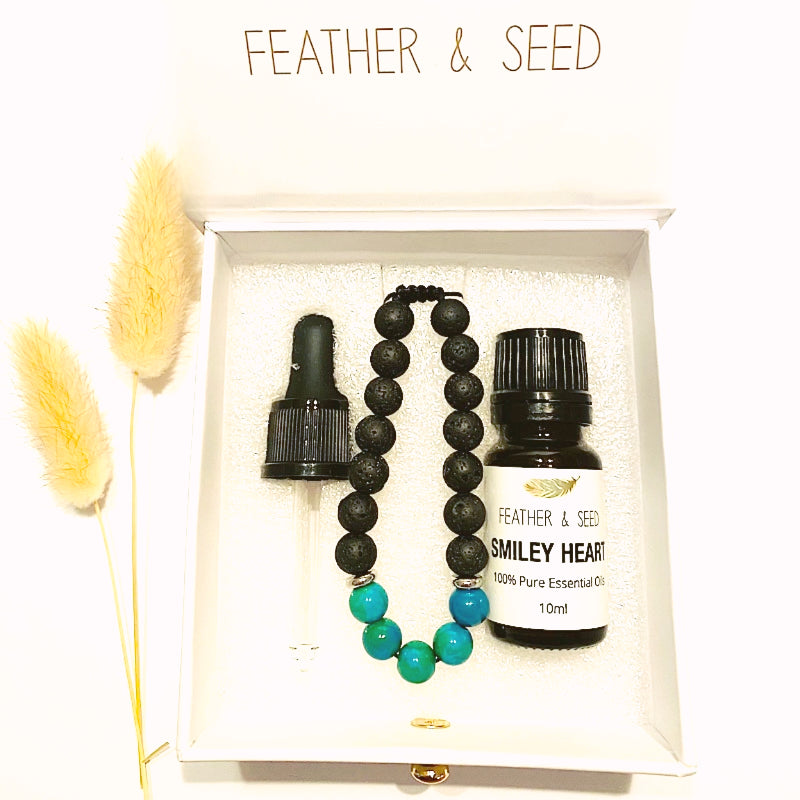 CHRYSOCOLLA & LAVA STONE BRACELET WITH ESSENTIAL OIL - Therapeutic Aromatherapy on the go - Feather & Seed