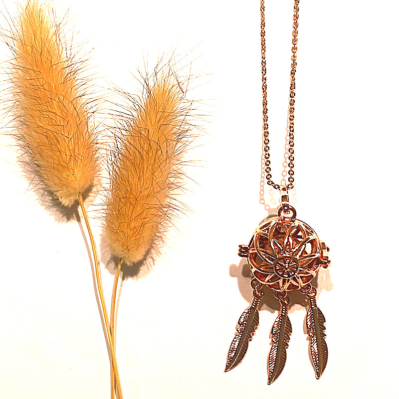 DREAMCATCHER ROSE GOLD NECKLACE & LAVA STONE WITH ESSENTIAL OIL - Elevate Your Wellness - Feather & Seed