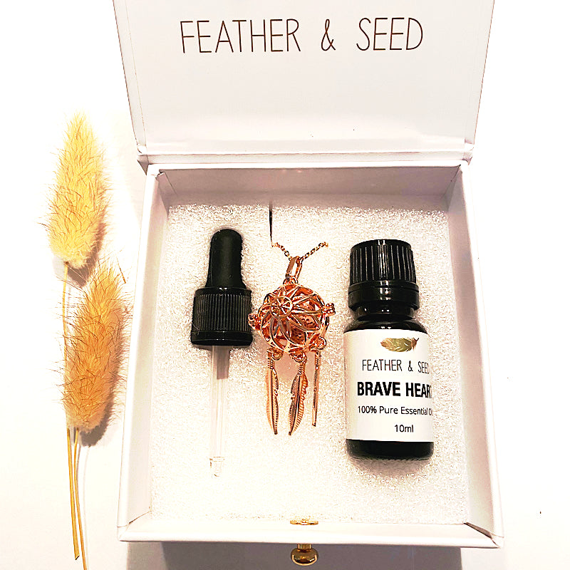 DREAMCATCHER ROSE GOLD NECKLACE & LAVA STONE WITH ESSENTIAL OIL - Elevate Your Wellness - Feather & Seed