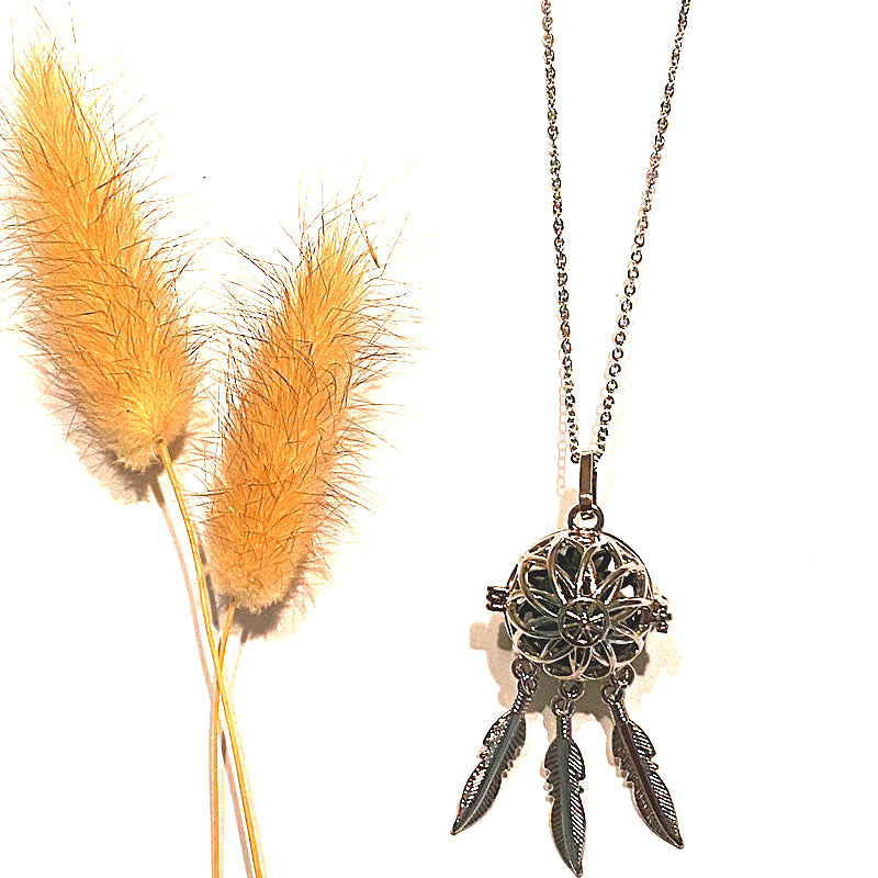 SILVER DREAMCATCHER & LAVA STONE NECKLACE - Enhance Your Mood - Feather & Seed