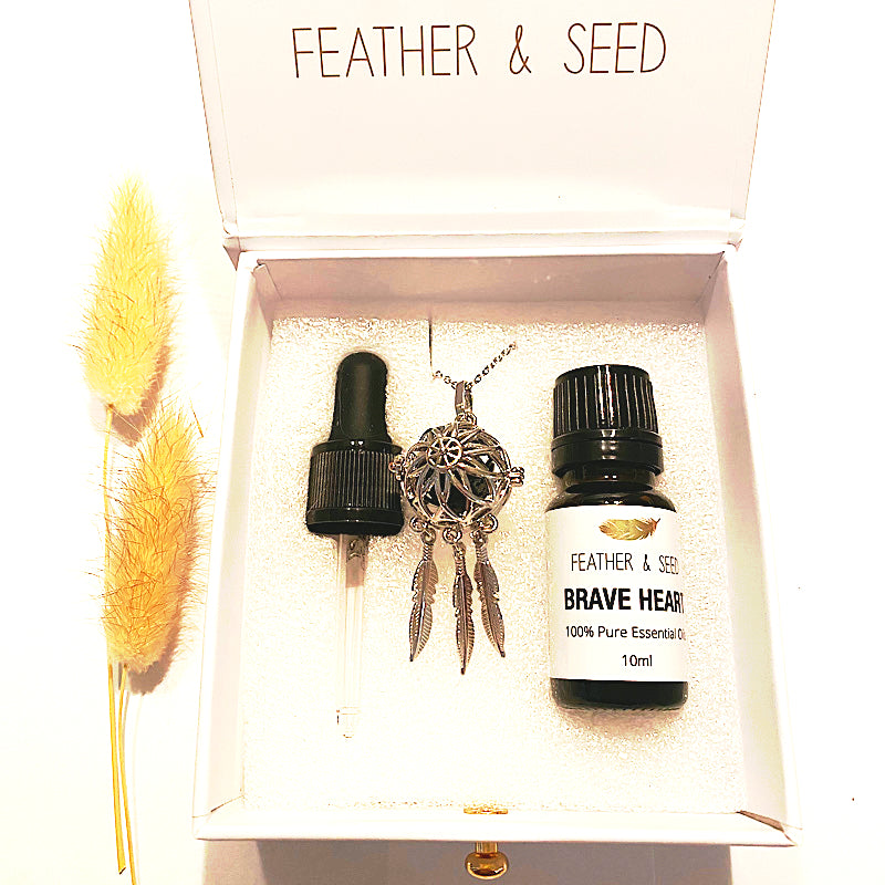 DREAMCATCHER SILVER NECKLACE & LAVA STONE WITH ESSENTIAL OIL - Elevate Your Wellness - Feather & Seed