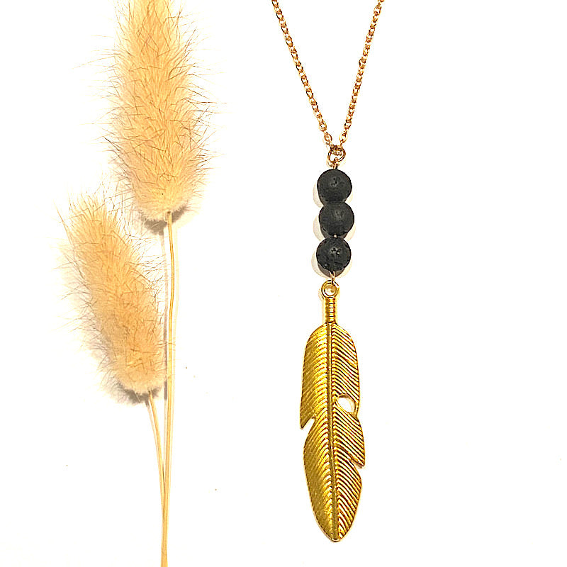 FEATHER & LAVA STONE GOLD NECKLACE WITH ESSENTIAL OIL - Lightness & Spirituality - Feather & Seed