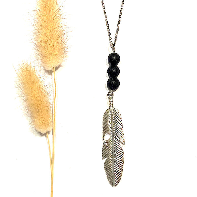 FEATHER & LAVA STONE SILVER NECKLACE WITH ESSENTIAL OIL - Lightness & Spirituality - Feather & Seed