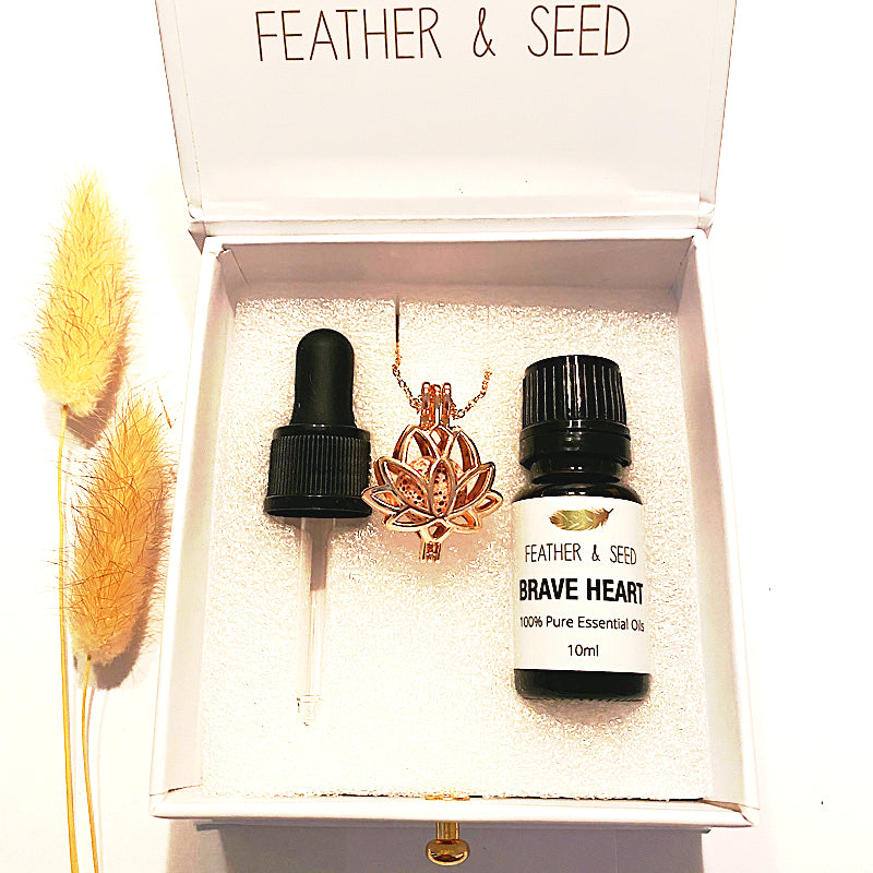 ROSE GOLD LOTUS & LAVA STONE NECKLACE WITH ESSENTIAL OIL - Wellness on the go - Feather & Seed