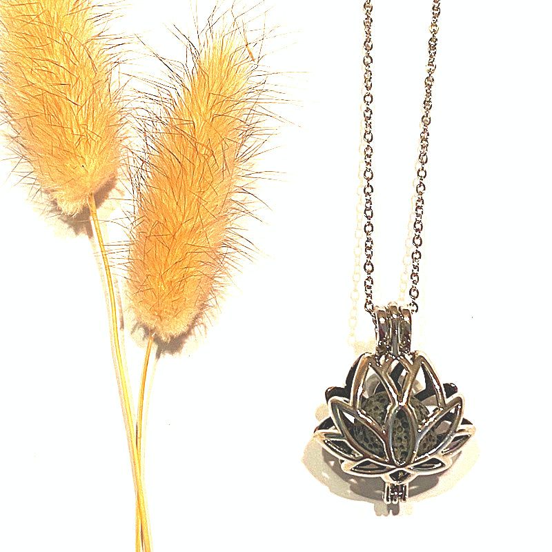 SILVER LOTUS FLOWER & LAVA STONE NECKLACE -Find Balance and Harmony - Feather & Seed