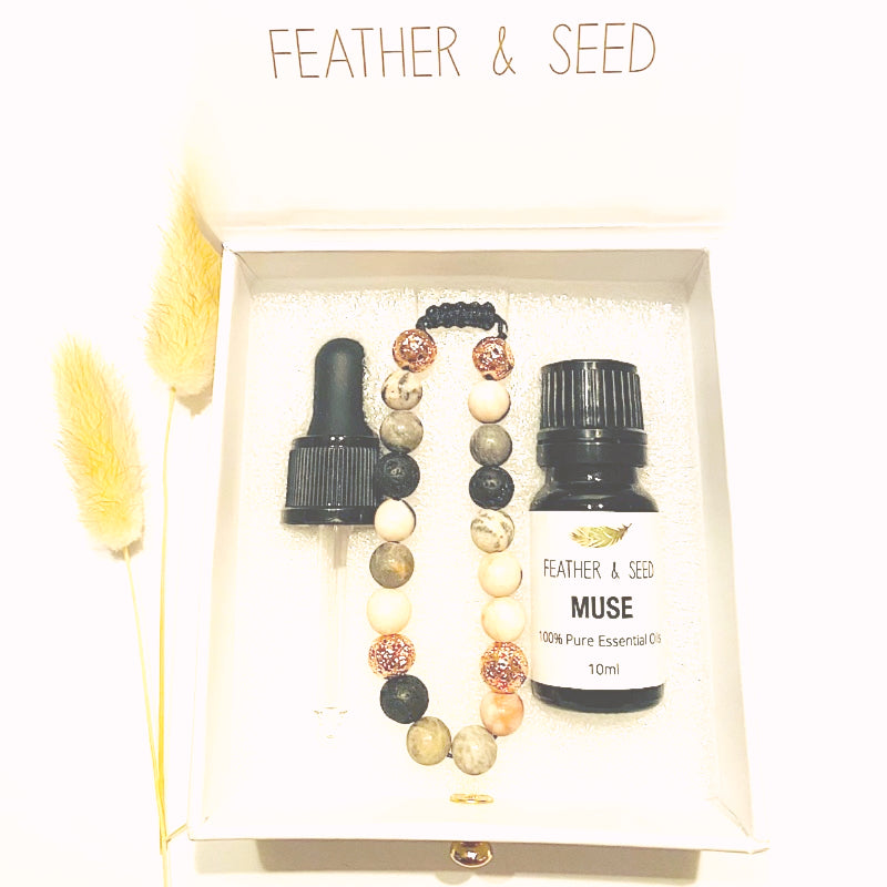 PINK ZEBRA & LAVA STONE BRACELET WITH ESSENTIAL OIL - For Universal Love and Heart - Feather & Seed