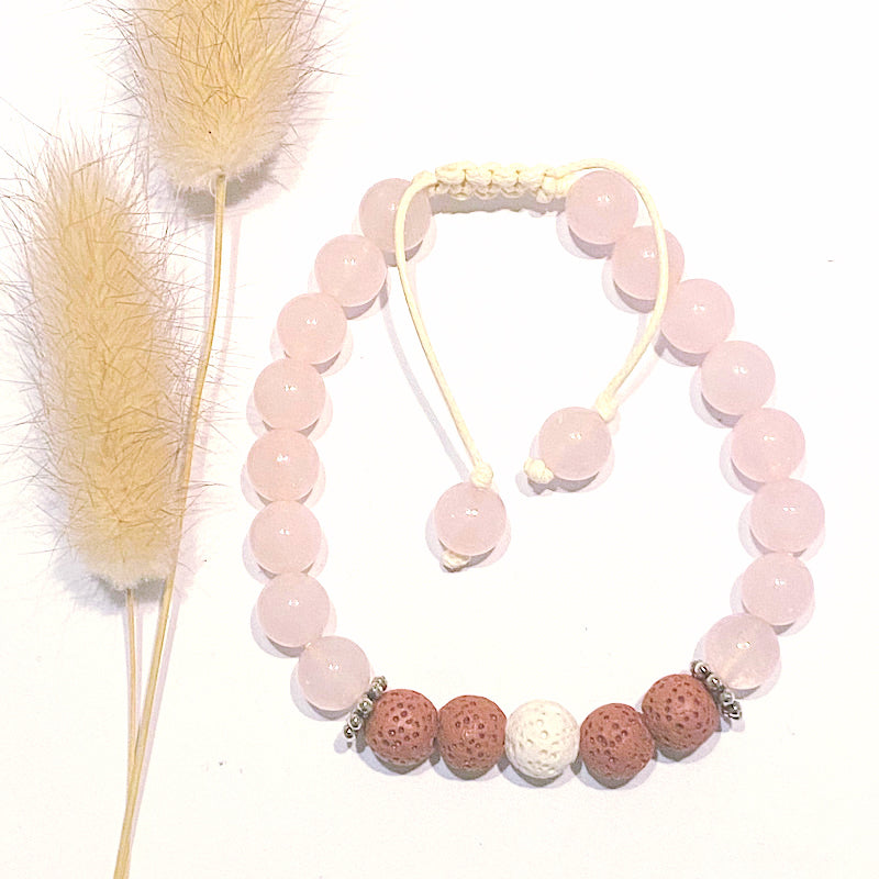 ROSE QUARTZ & LAVA STONE BRACELET WITH ESSENTIAL OIL - For Universal Love and Heart - Feather & Seed