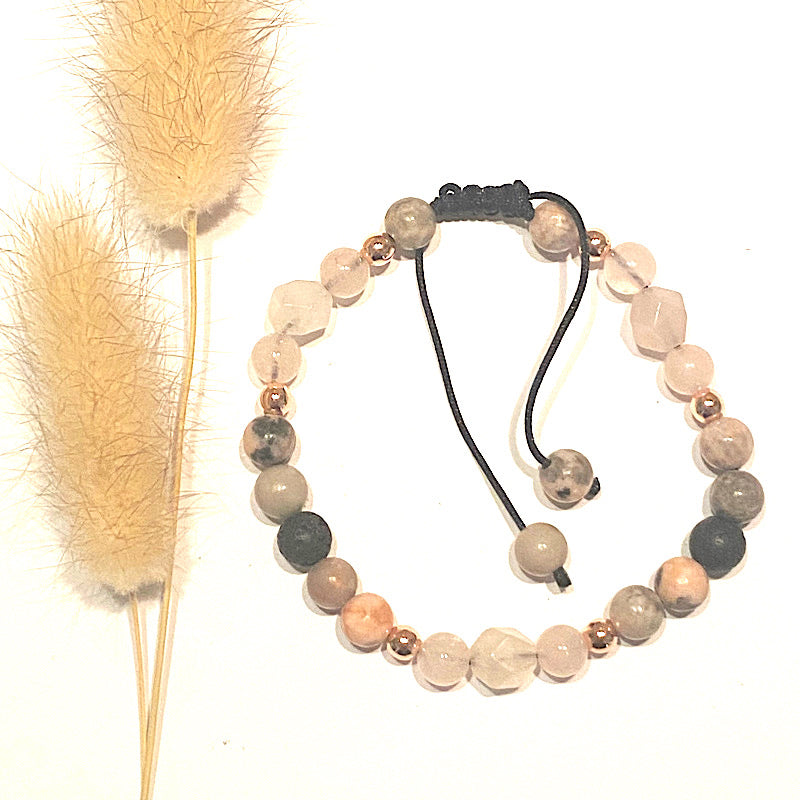 ROSE QUARTZ, PINK ZEBRA & LAVA STONE BRACELET WITH ESSENTIAL OIL - For Universal Love and Heart - Feather & Seed