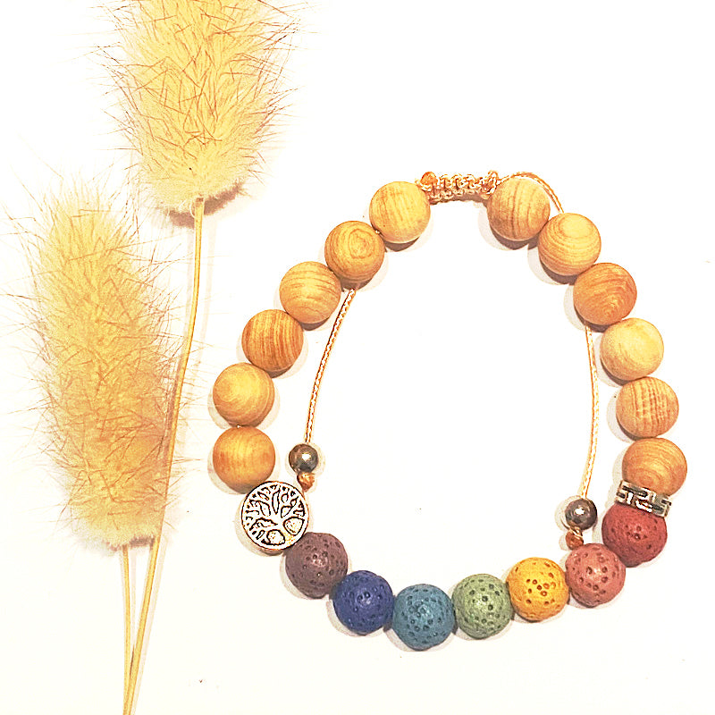 SANDALWOOD & CHAKRA LAVA BRACELET WITH ESSENTIAL OIL - Grounding and Therapeutic - Feather & Seed