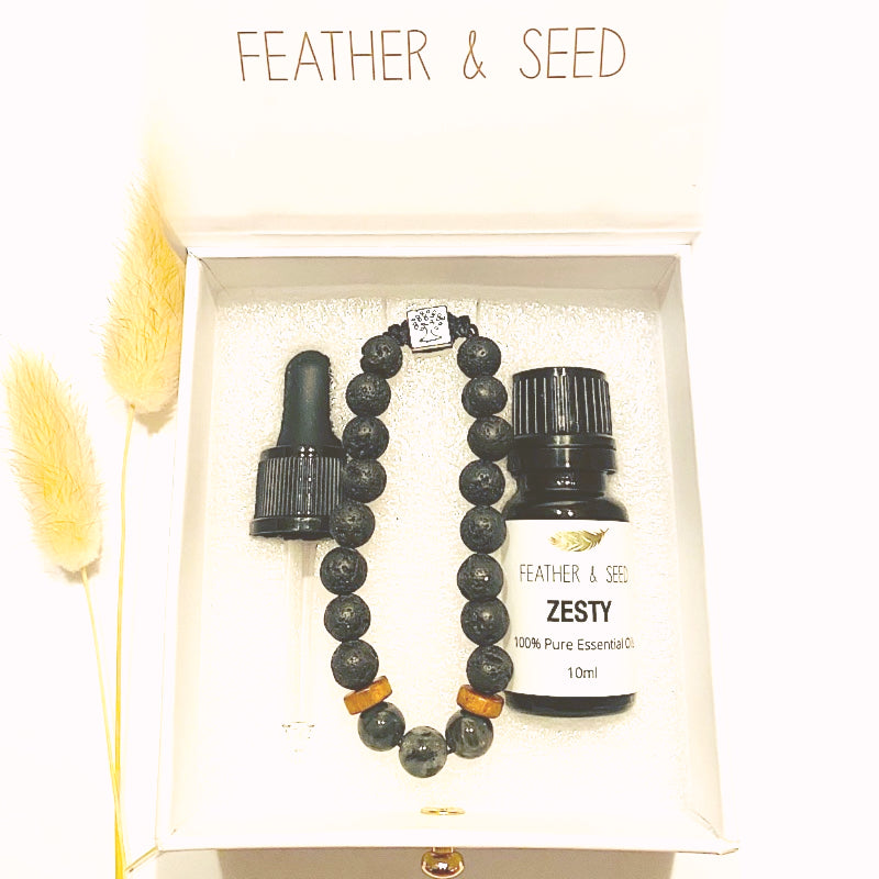 SPECROTLITE & LAVA STONE BRACELET WITH ESSENTIAL OIL - Elevate your Spiritual Growth - Feather & Seed