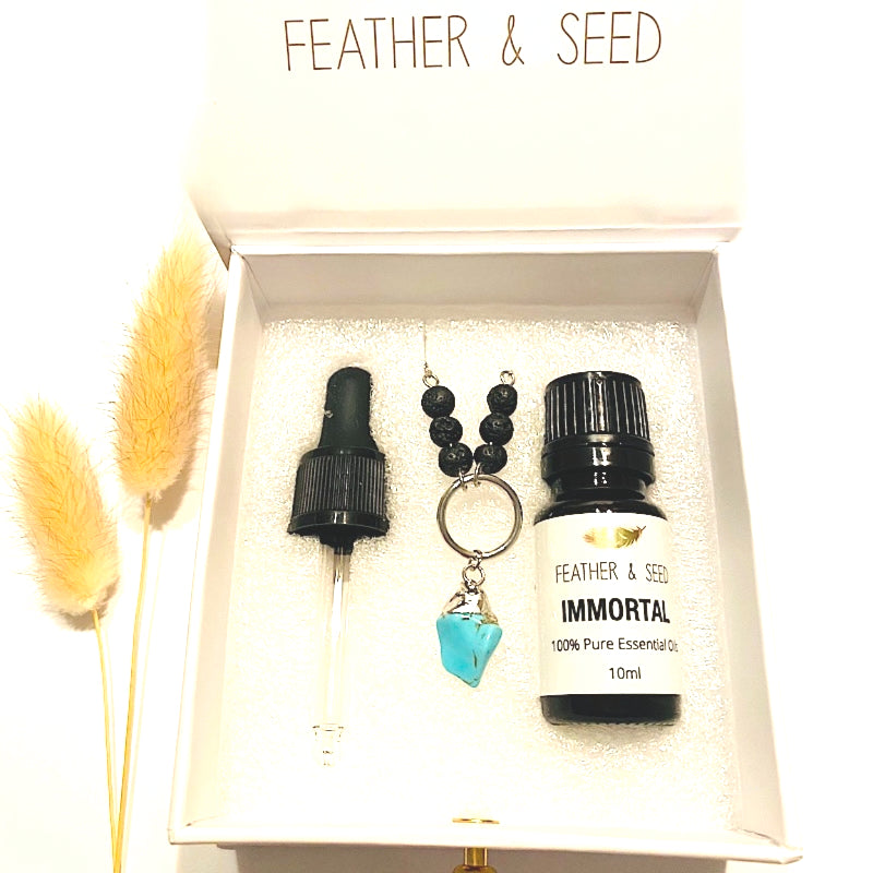 TURQUOISE SILVER CRYSTAL NECKLACE WITH LAVA STONE AND ESSENTIAL OIL - Tranquility & Positive Energy - Feather & Seed