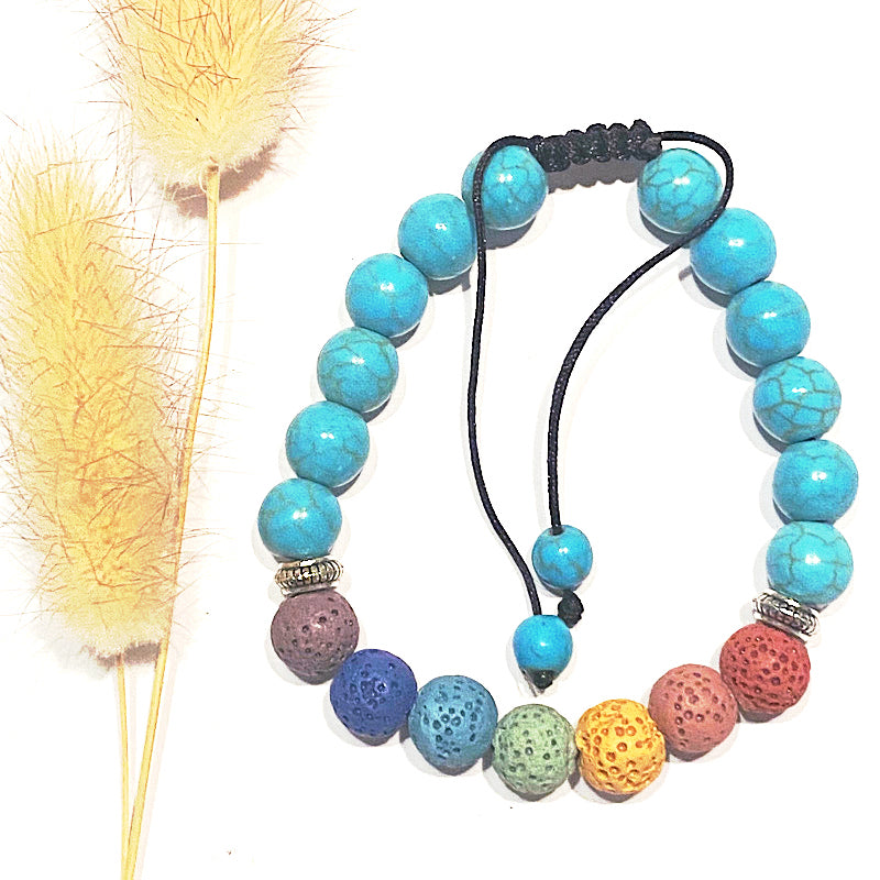 TURQUOISE & LAVA CHAKRA STONE BRACELET WITH ESSENTIAL OIL - Therapeutic Aromatherapy on the go - Feather & Seed