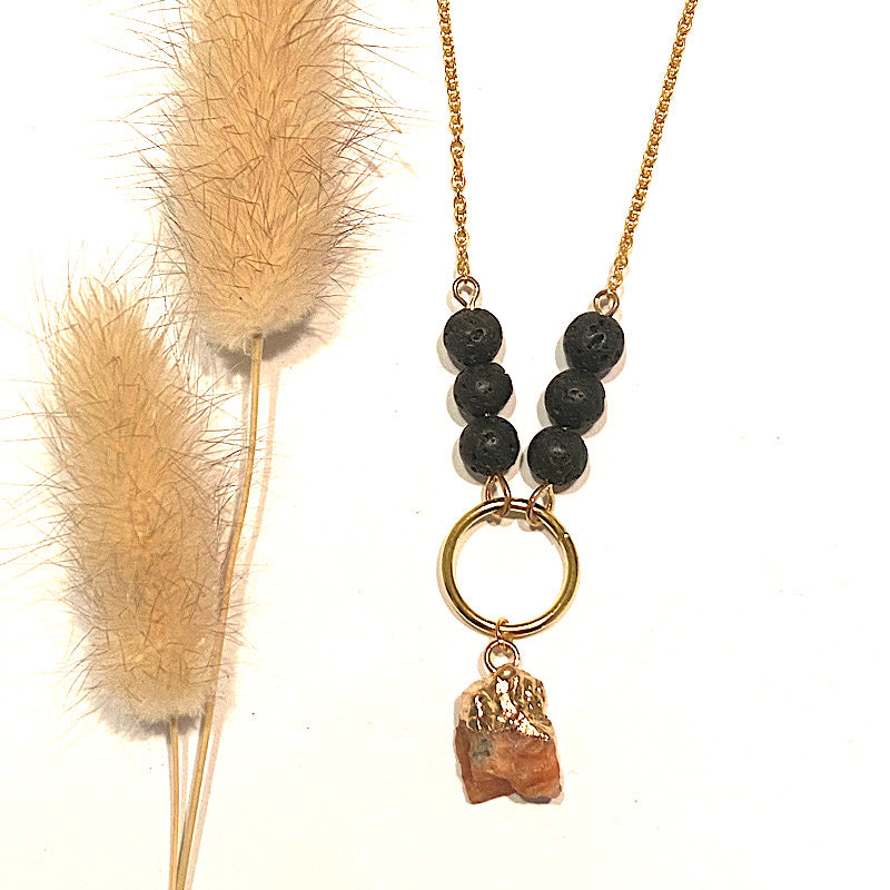 TOURMALINE GOLD CRYSTAL NECKLACE WITH LAVA STONE AND ESSENTIAL OIL - Positivity & Protection - Feather & Seed