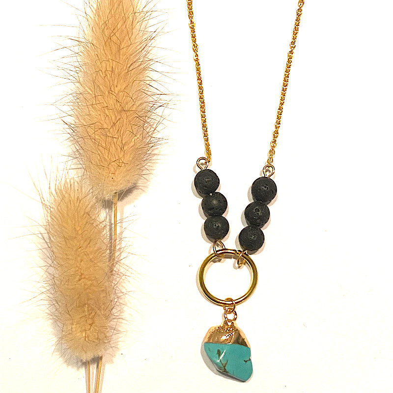 TURQUOISE GOLD CRYSTAL NECKLACE WITH LAVA STONE AND ESSENTIAL OIL - Tranquility & Positive Energy - Feather & Seed