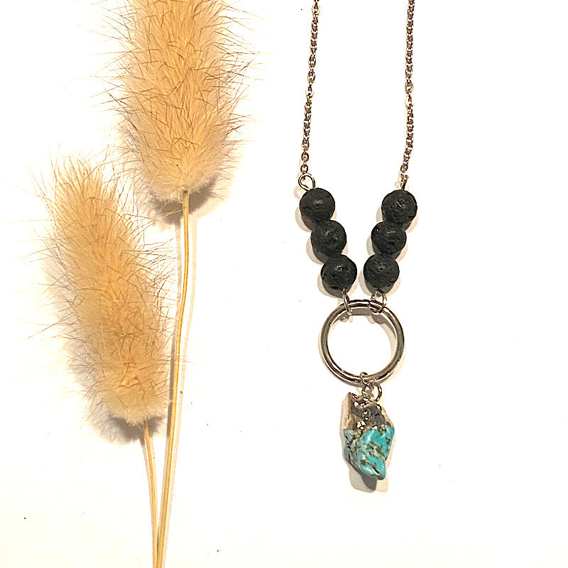 Turquoise and lava stone silver necklace